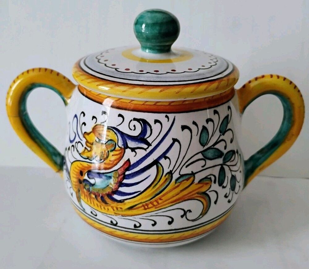 VTG FIMA DERUTA Italy Raffaellesco Lidded Sugar Bowl Majolica HandPainted Dragon